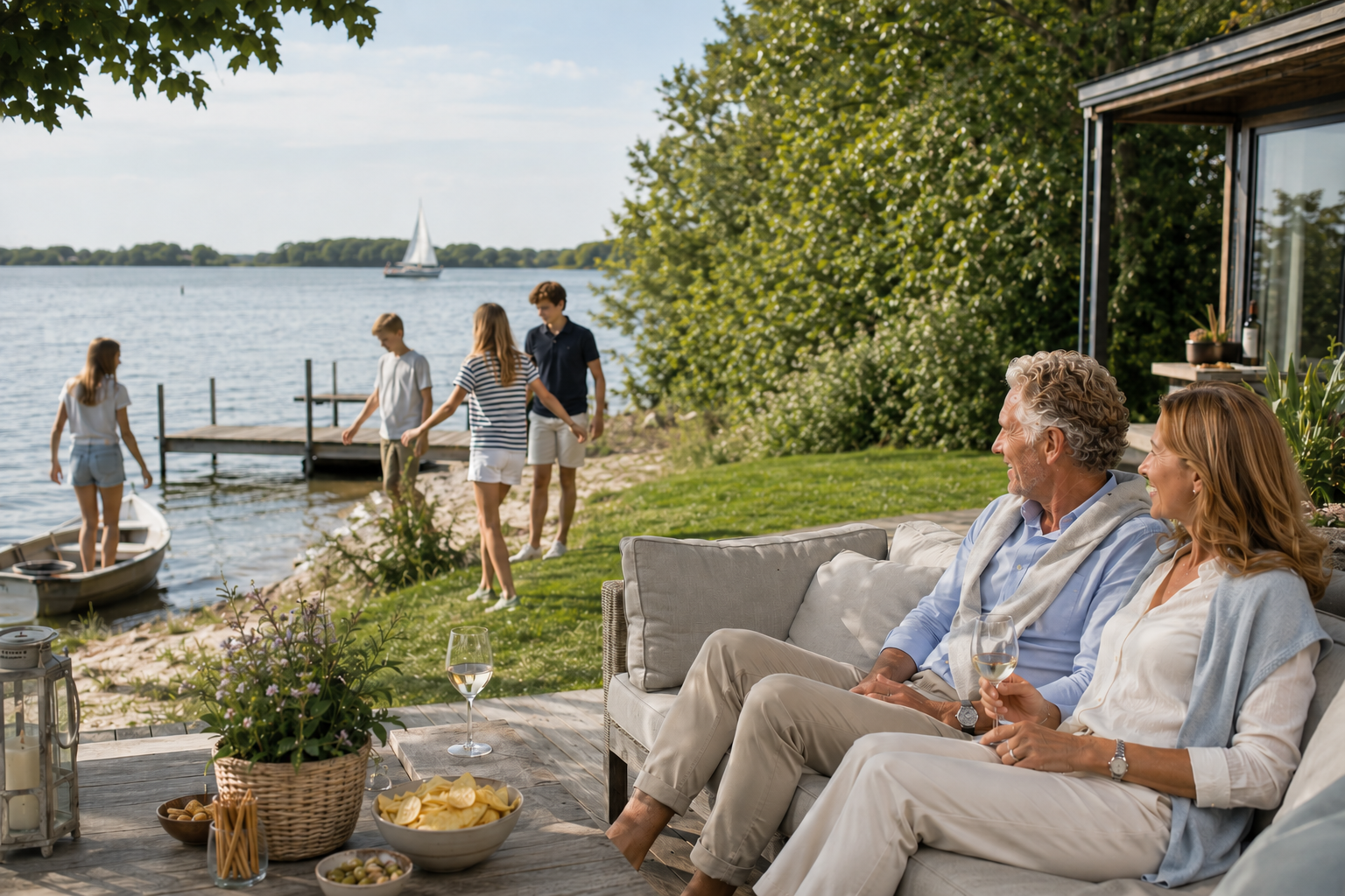 Gezin geniet bij vakantiehuis aan het water — Planners van Waarde