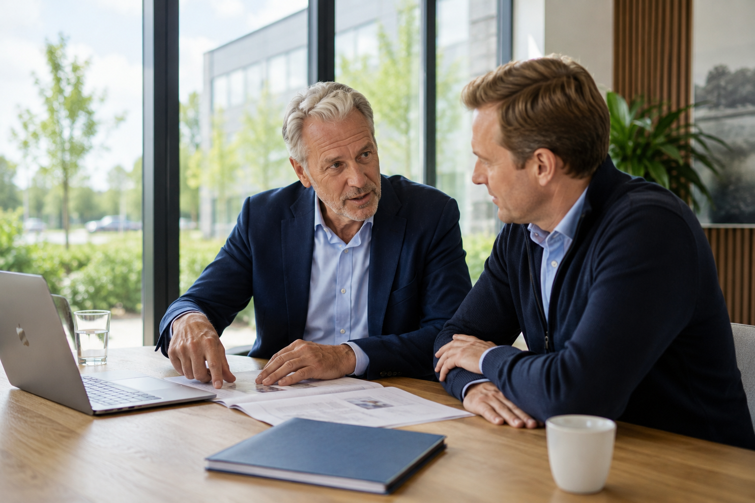 Ondernemer in adviesgesprek met laptop — Planners van Waarde